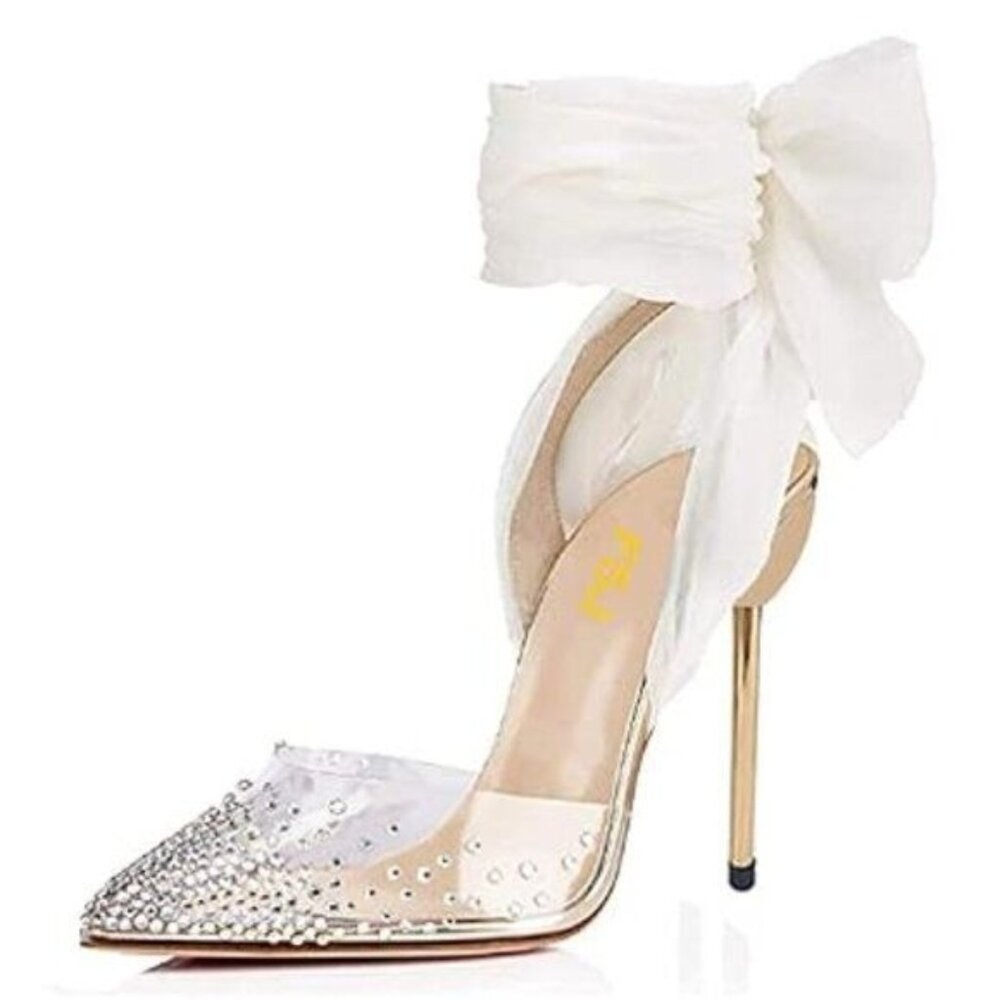 FSJ Women High Heel Ankle Strap Sandals Pointed Toe Rivets Pumps PVC Club Dress